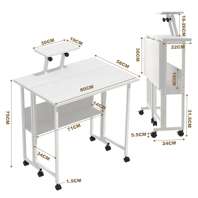 Bureau – Schrijftafel – Computertafel – Werktafel – Opvouwbaar Bureau – Inklapbaar – Met Wieltjes – Verstelbare Monitorstandaard – Compact 80x58x76 cm
