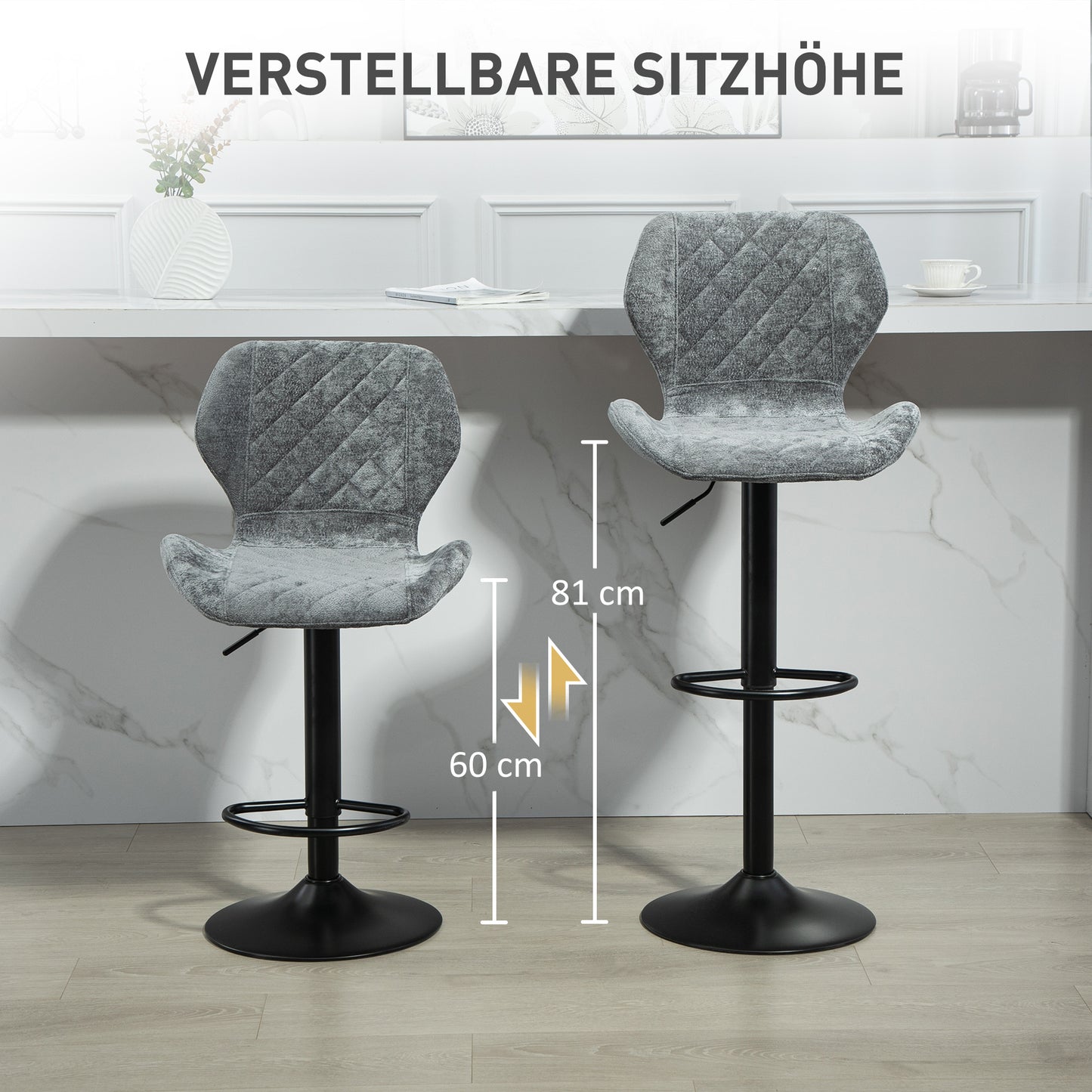 Barkrukken – Barstoelen – Keukenkrukken – Hoogkrukken – Krukken Set – Donkergrijs Chenille – Verstelbare Zithoogte 60-81 cm – 360° Draaibaar
