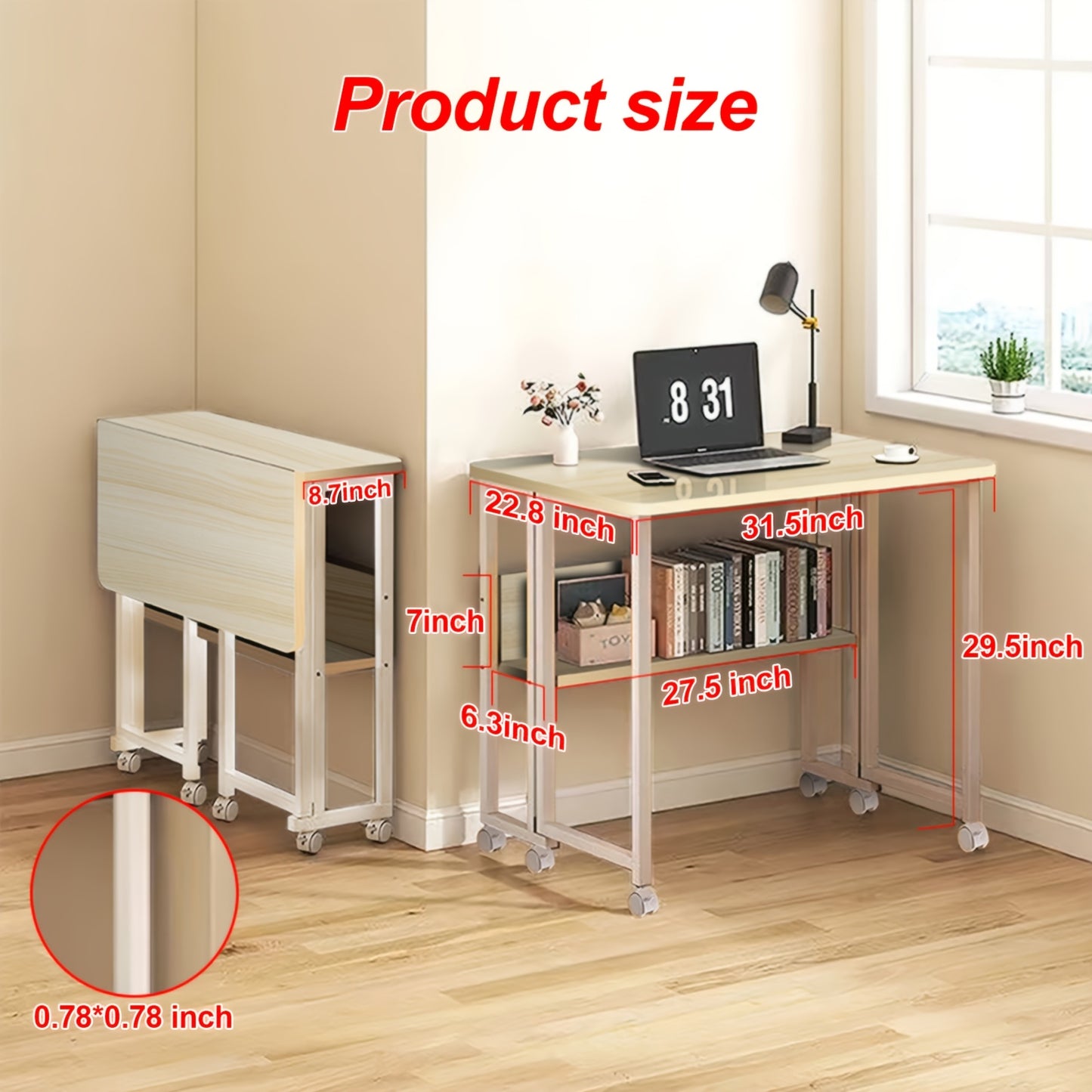 Opvouwbare Tafel – Klaptafel – Bureau – Vouwtafel – Bijzettafel – Compact Inklapbaar – Stevig Stalen Frame – Wieltjes – 80x58x75 cm – Eikenhout Look