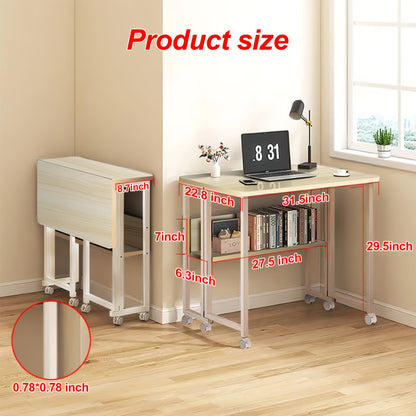 Opvouwbare Tafel – Klaptafel – Bureau – Vouwtafel – Bijzettafel – Compact Inklapbaar – Stevig Stalen Frame – Wieltjes – 80x58x75 cm – Eikenhout Look