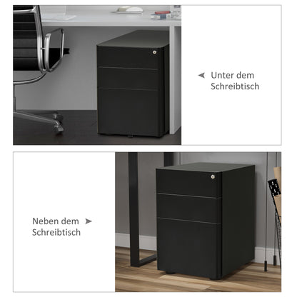 Rollcontainer – Mobiele Kast – Ladekast – File Cabinet – Opbergkast – 3 Laden – Stalen Behuizing – Zwart – 39x48x59 cm – Centraal Slot – Zwenkwieltjes
