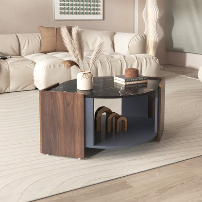 Koffietafel – Salontafel – Bijzettafel – Tafeltje – Lounge Tafel – Modern Marmerlook – Warmbruin Onderstel – Geen Montage – Compact Design