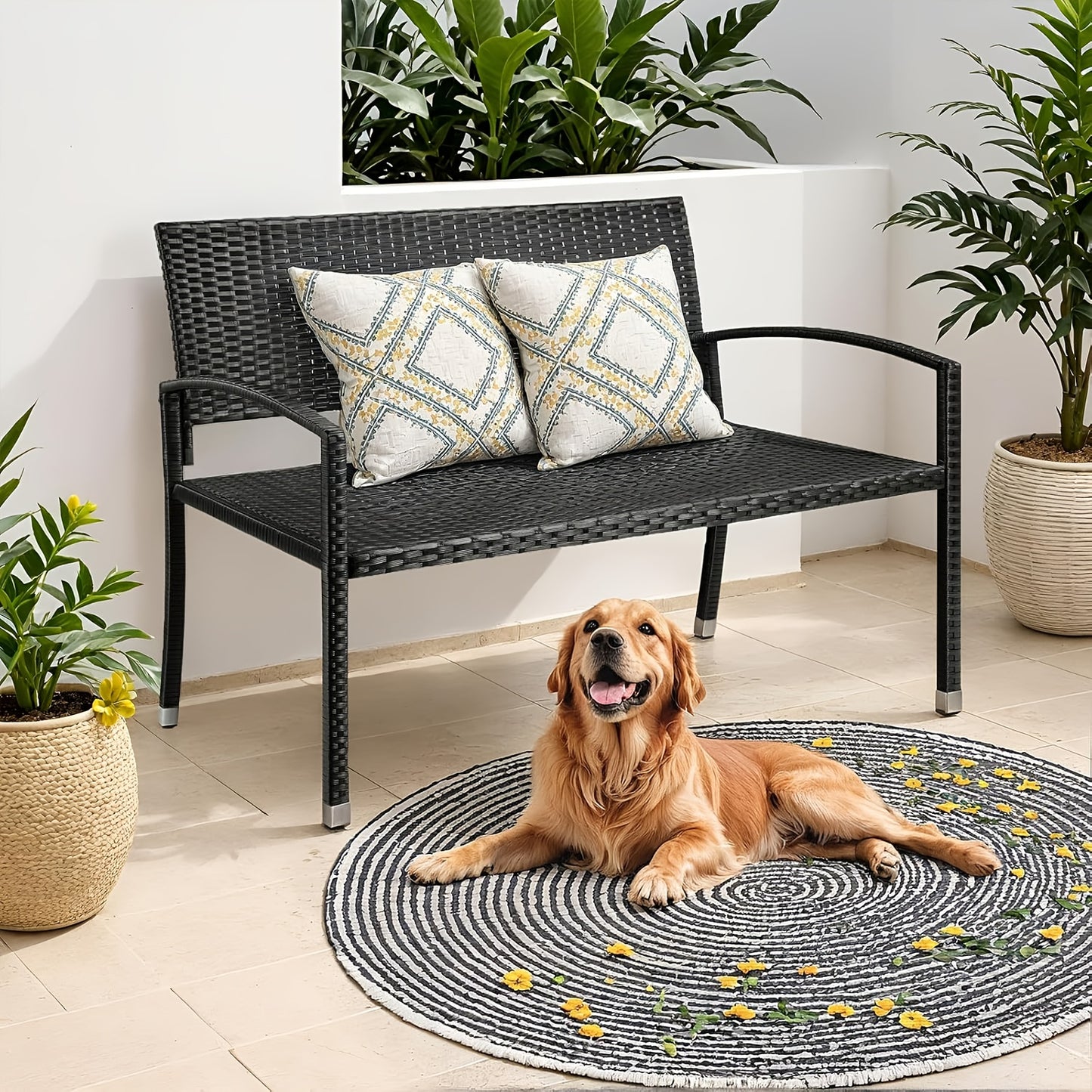 Rattan Lounge Bench, Poly Rattan Double Bench, 2-seater Garden Balcony Bench, Living Room Lounge Chair, Load Capacity 320 Kg, 122 X 62 X 90 Cm, Comfortable Garden Furniture Bench, Park Bench, Double-sided Rattan Bench