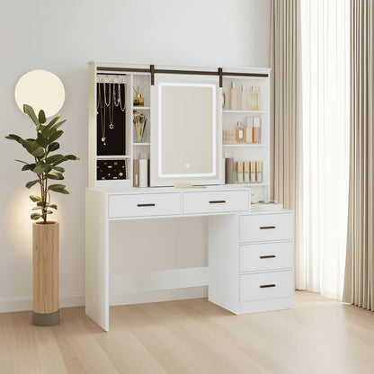 Kaptafel – Make-up Tafel – Vanity – Cosmeticatafel – Opmaaktafel – Verstelbare LED Verlichting – Grote Afneembare Spiegel – 5 Laden – Wit – Met Sieradenopslag – Open Plank