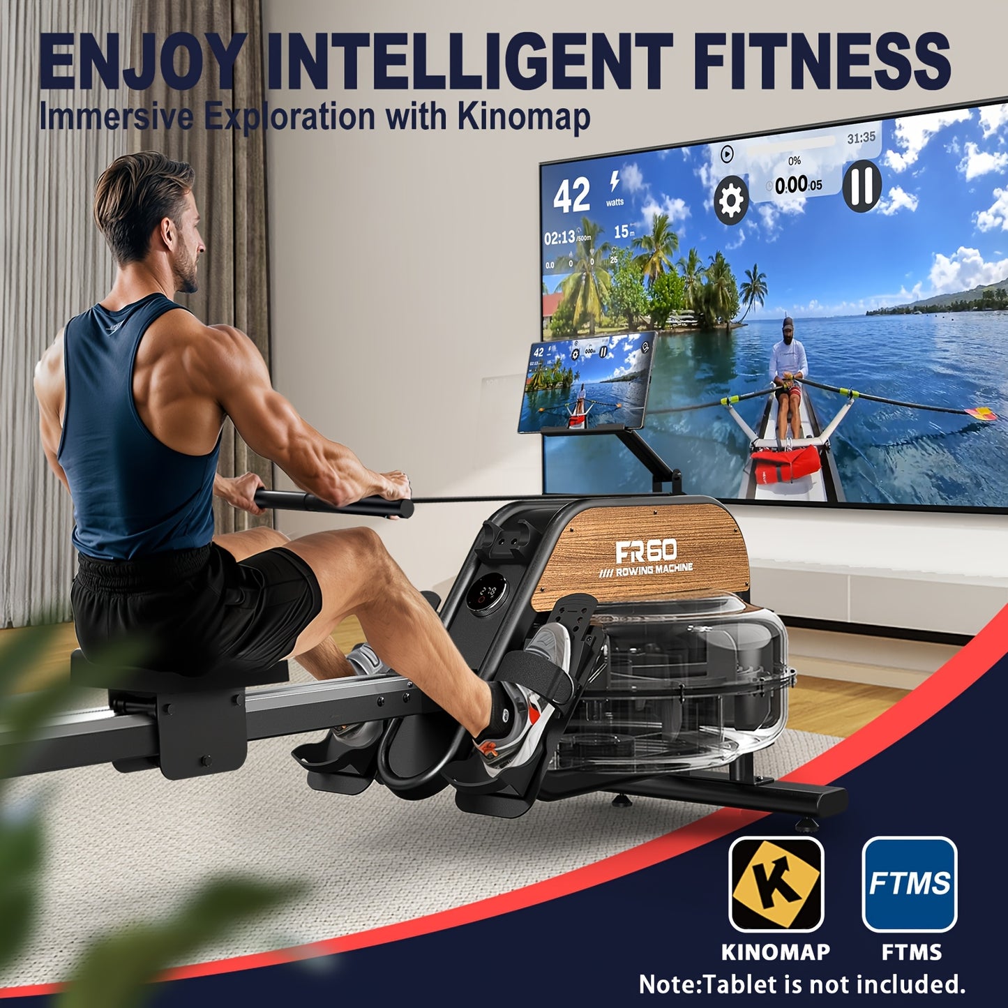 1 VOWVIT Rowing Machine for Home | 28L Water Tank, LED Monitor, Adjustable Tablet Holder, Aluminum Alloy, Max User Height 200 cm, Without Battery