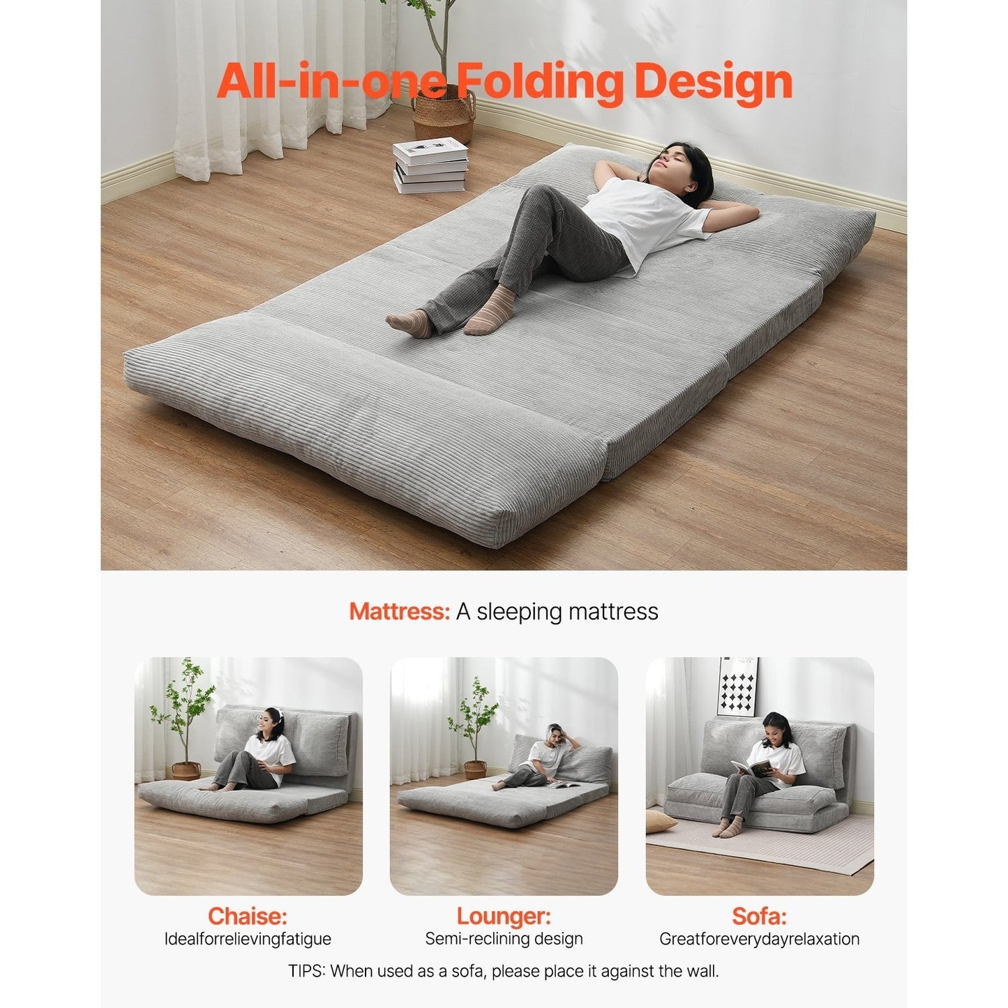 Vouwbank – Slaapbank – Klikklapbank – Bedbank – Loungestoel – Lichtgrijs – Wasbare Hoes – Hoogwaardig Schuim