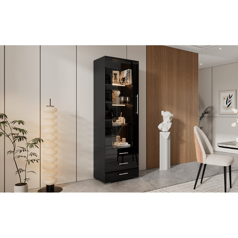 Modern Black Glass Display Case with 3 Drawers - High-Gloss Finish, Freestanding Vertical Storage Organizer for Home Decor, 60x35x180cm, Glass Display Cabinet, Contemporary Furniture, Metallic Frame