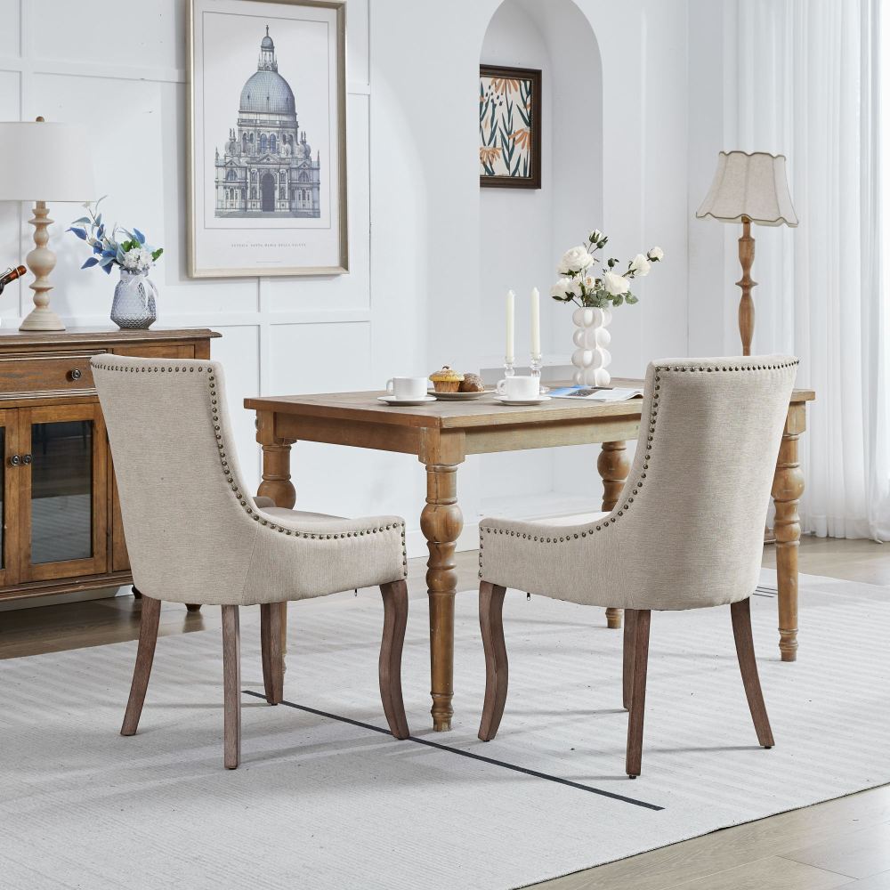 Eetkamerstoel – Stoel – Dining Chair – Zitstoel – Eetkamerstoel Set – Beige Kleur – Dikke Stoffen Zitting – Bronze Spijkerband Afwerking