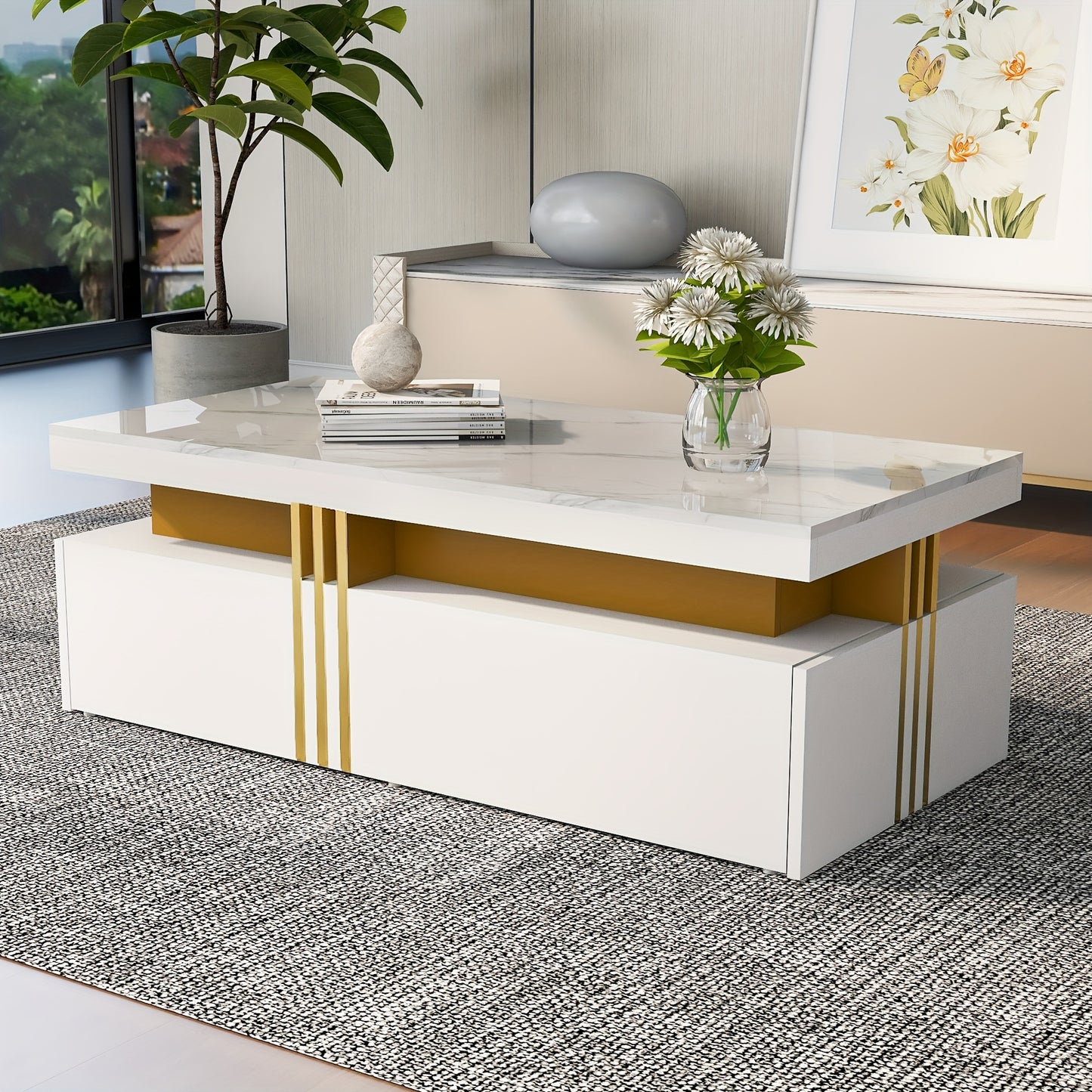 Modern Rectangular Coffee Table, High-gloss Tabletop with 2 Wooden Drawers, Marble Top, for Living Room, 100*50*40cm