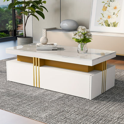 Modern Rectangular Coffee Table, High-gloss Tabletop with 2 Wooden Drawers, Marble Top, for Living Room, 100*50*40cm