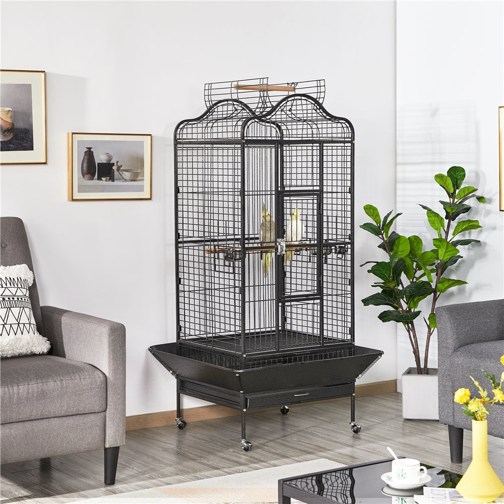 Vogelkooi – Papegaaienkooi – Parkietenkooi – Grasparkietenkooi – Volière – Met Wieltjes – Zwart Gepoedercoat Metaal – Ruim Leefgebied 60,5x56x113 cm