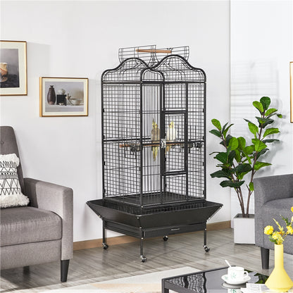 Vogelkooi – Papegaaienkooi – Parkietenkooi – Grasparkietenkooi – Volière – Met Wieltjes – Zwart Gepoedercoat Metaal – Ruim Leefgebied 60,5x56x113 cm