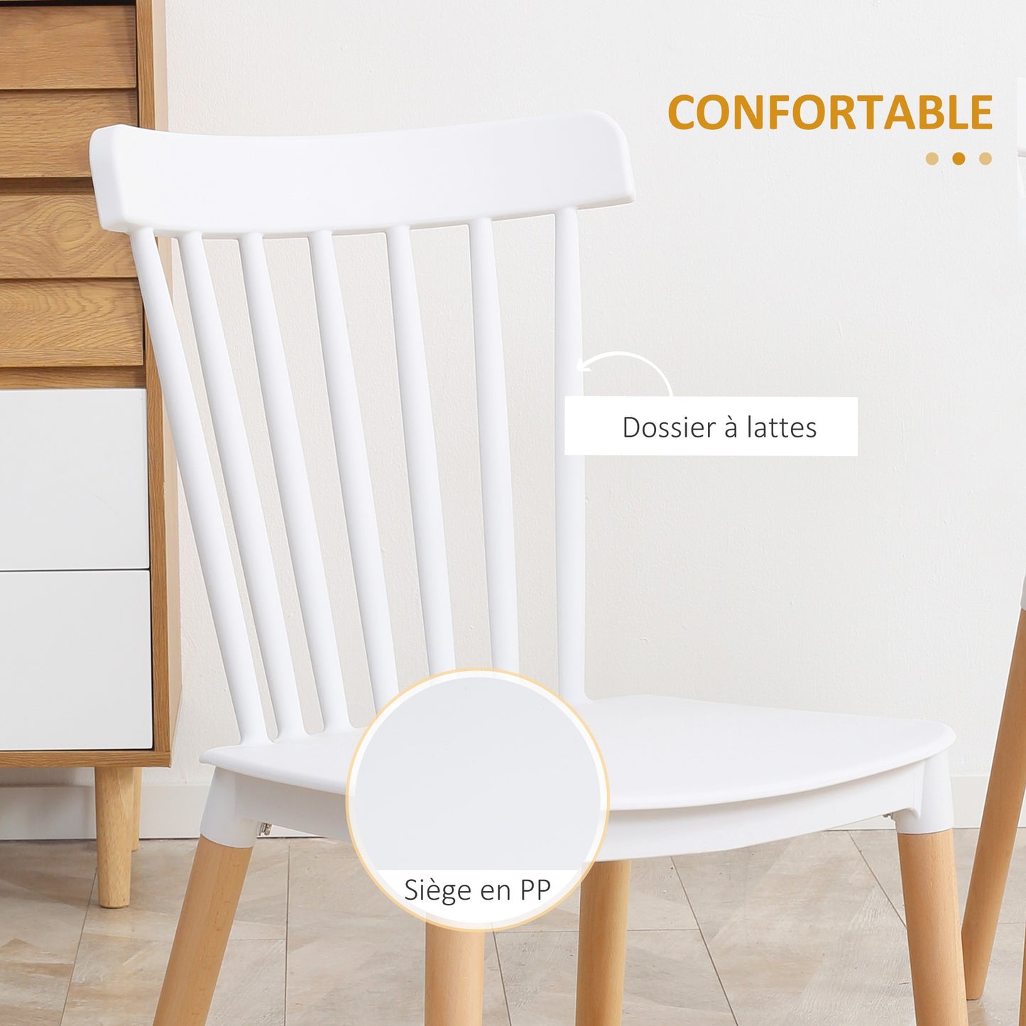 Eetkamerstoel – Stoel – Keukenstoel – Bureaustoel – Designstoel – Scandinavisch Design – Beukenhouten Poten – Polypropyleen Zitting Wit – Set Van 4