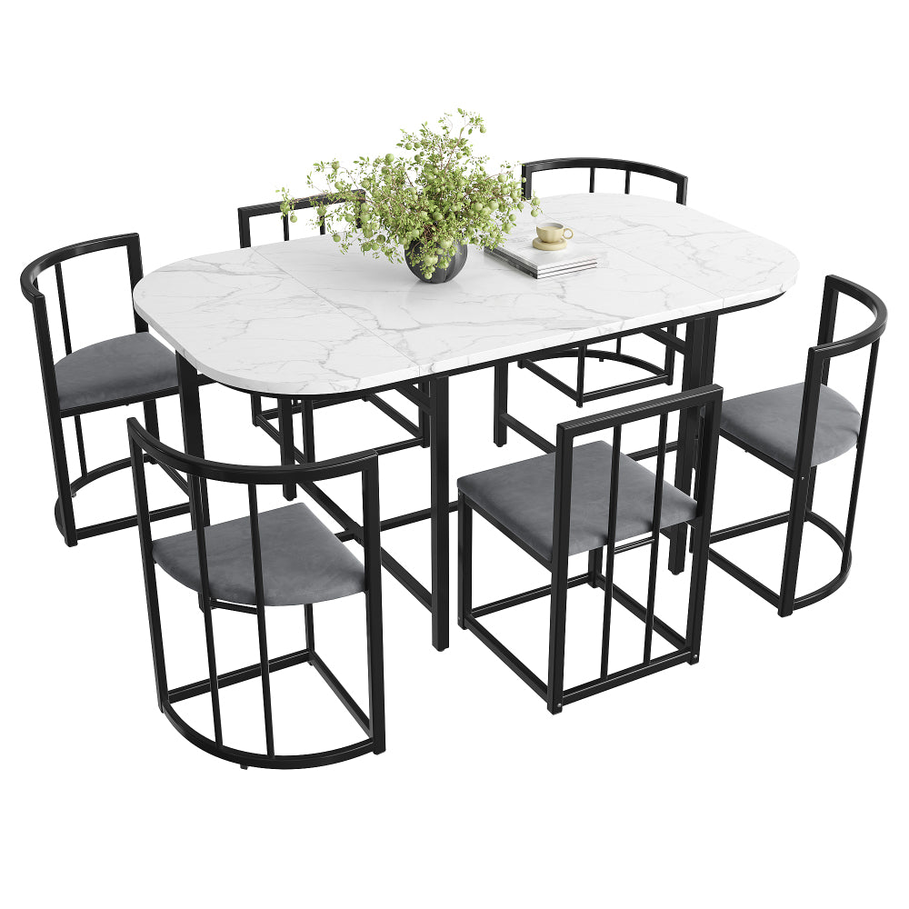 Eettafelset 6 Personen – Dining Table Set – Eetkamerset – Tafeltje Met Stoelen – Restaurantmeubilair – Modern Design – Wit MDF Blad – Zwart Metalen Frame – Comfortabele Grijze Stoelen – Duurzaam & Stevig