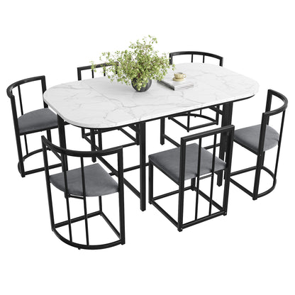 Eettafelset 6 Personen – Dining Table Set – Eetkamerset – Tafeltje Met Stoelen – Restaurantmeubilair – Modern Design – Wit MDF Blad – Zwart Metalen Frame – Comfortabele Grijze Stoelen – Duurzaam & Stevig