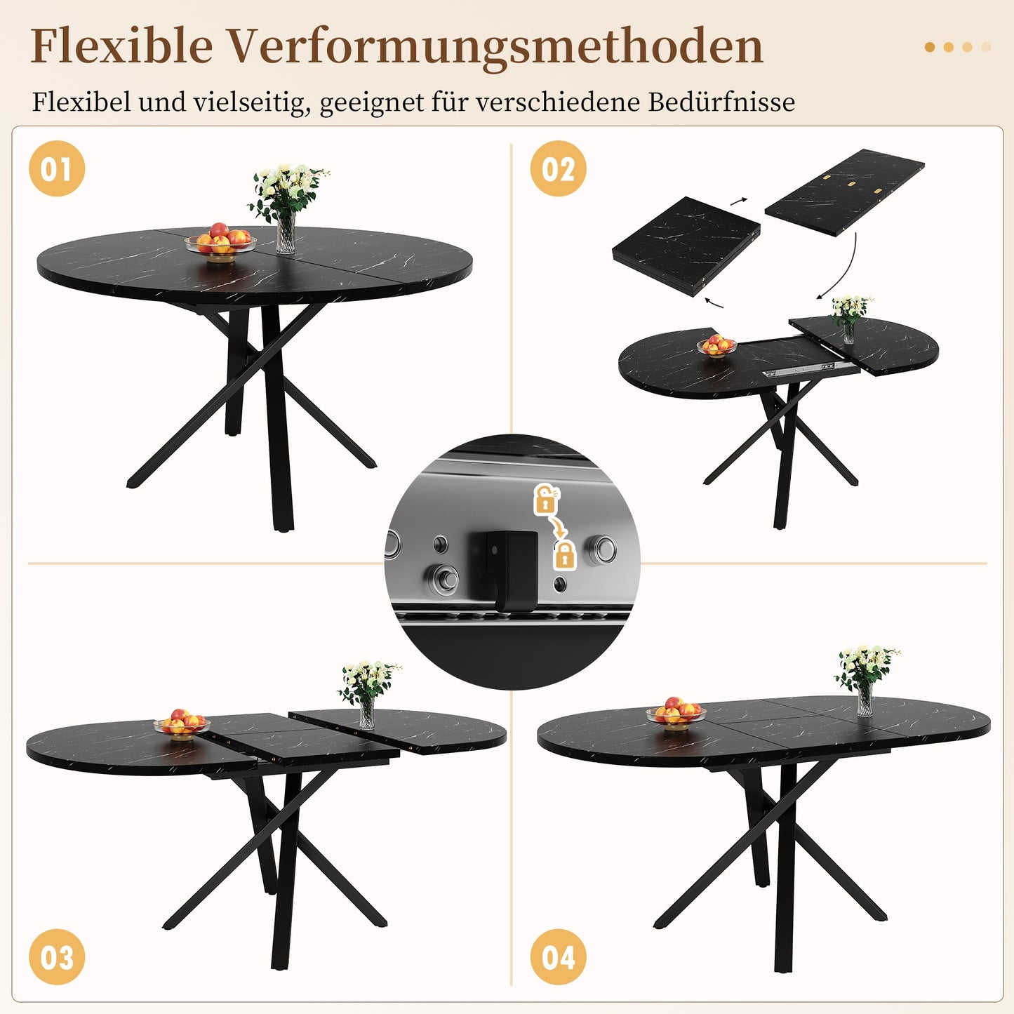 Uitschuifbare Eettafel – Uitklapbare Tafel – Verlengbare Eettafel – Ronde Tafel – Ovale Tafel – Zwart Marmeren Blad – Compact & Luxe Design