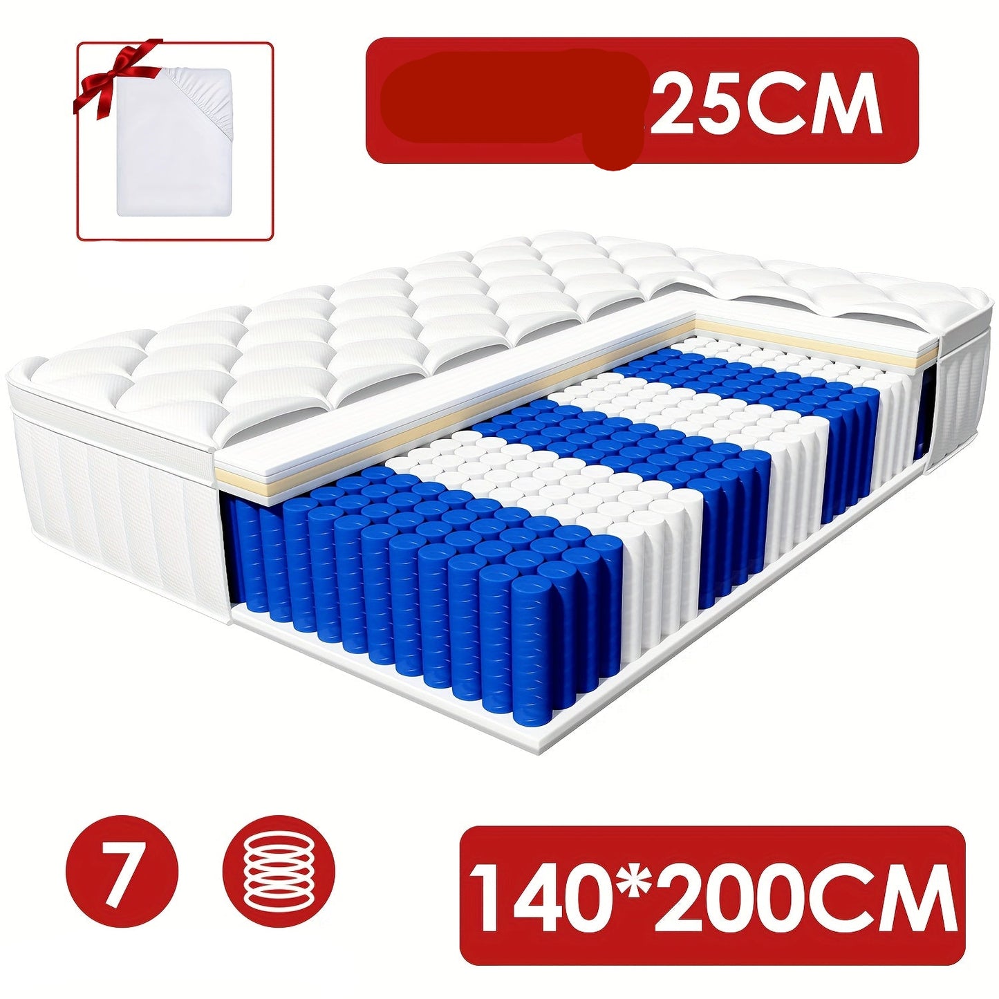 Matras – Pocketveringmatras – 7-zone Matras – Ergonomisch Matras – Tweekpersoonmatras – Stevig H3 – Wasbare Katoenen Hoes – 140x200/90x200/90x190 cm – 25-28 cm Dik