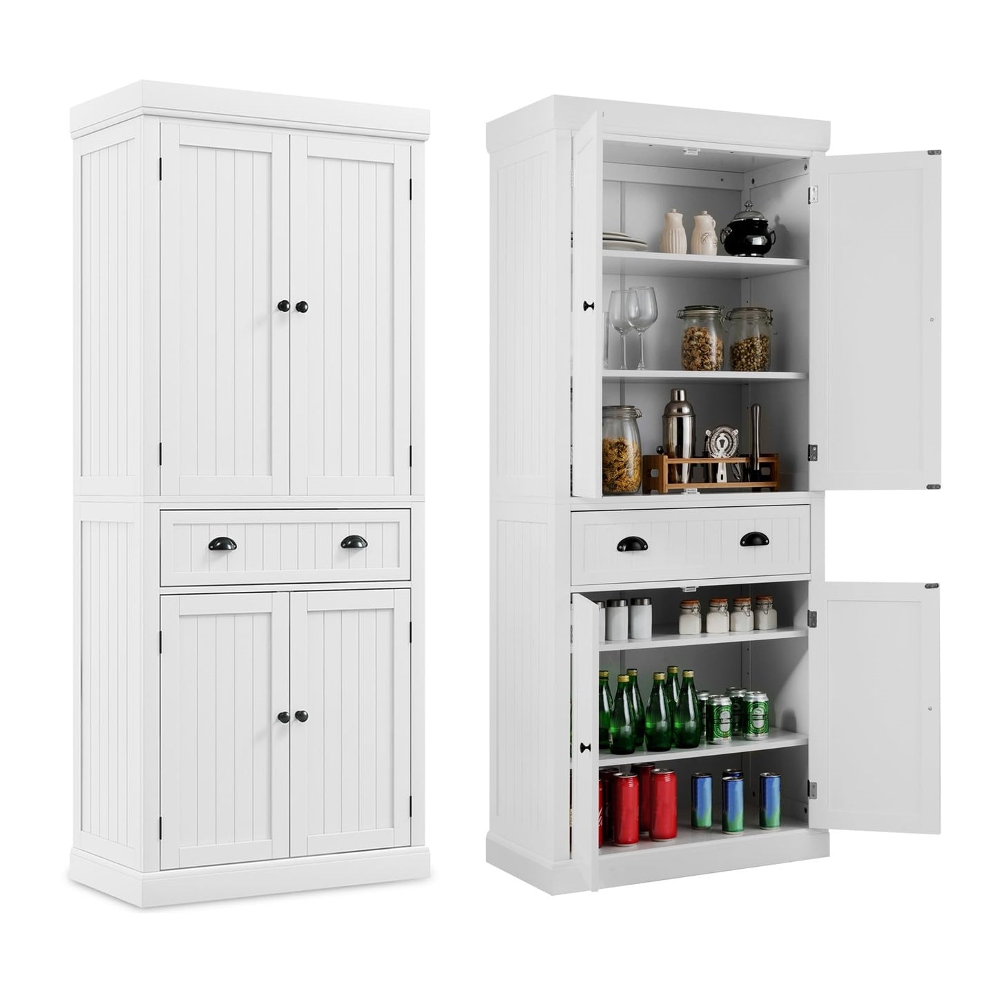 Houten Keukenkast – Keukenkastje – Bergkast – Opbergkast – Dressoir – 4 Deuren en Laden – Verstelbare Planken – Vrijstaande Hoge Kast – Wit – 76x40x183 cm