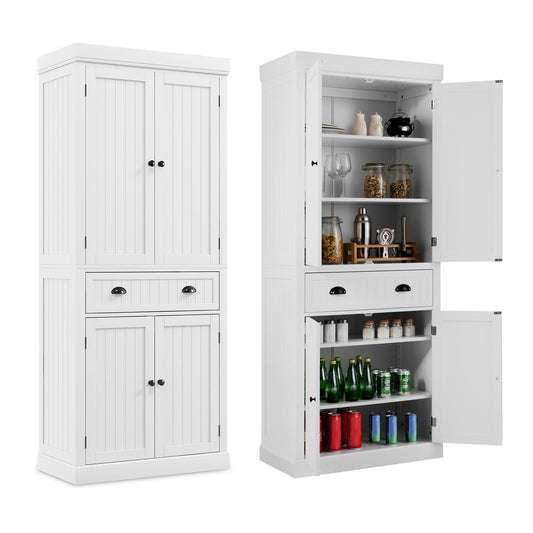 Houten Keukenkast – Keukenkastje – Bergkast – Opbergkast – Dressoir – 4 Deuren en Laden – Verstelbare Planken – Vrijstaande Hoge Kast – Wit – 76x40x183 cm