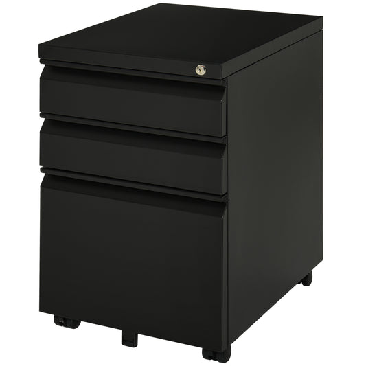 Rollcontainer – Ladenkast – Archiefkast – Bureaukast – Opbergkast – Zwart Stalen Bureaukast – 3 Laden Met Centrale Vergrendeling – 4 Zwenkwielen, Compact 39x48x60 cm
