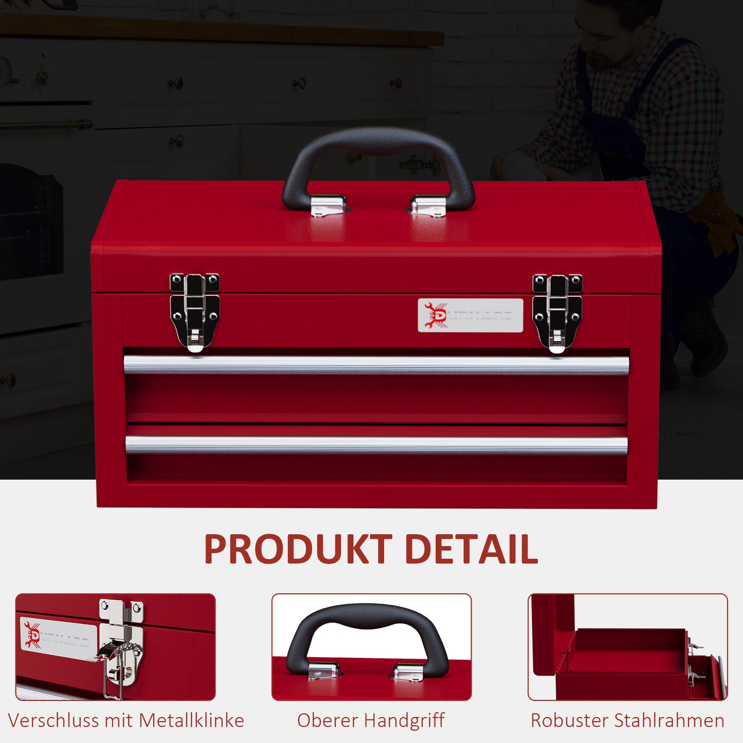 Gereedschapskist – Toolbox – Opbergkist – Werkplaatskist – Handkoffer – Rood – Compact 46x24x22 cm – Stevige Stalen Sluitingen