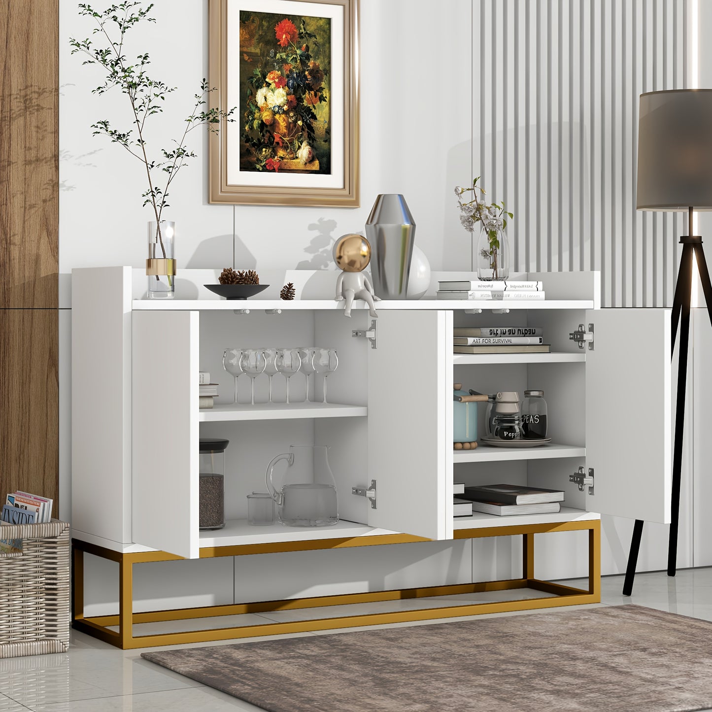 Modern Minimalist Four-Door Handleless Dining Cabinet - Metal Frame with Golden Legs, White Finish for Kitchen, Living Room & Dining Room Storage