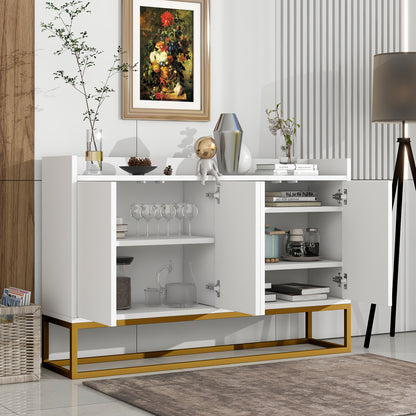 Modern Minimalist Four-Door Handleless Dining Cabinet - Metal Frame with Golden Legs, White Finish for Kitchen, Living Room & Dining Room Storage