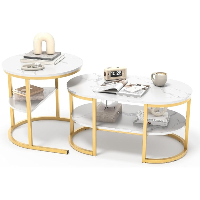 Salontafel – Woonkamertafel – Koffietafel – Bijzettafel – Tafelset – Met Opbergruimte – Met Marmerlook Tafelblad – Verstelbare Metalen Poten – Rond en Ovaal