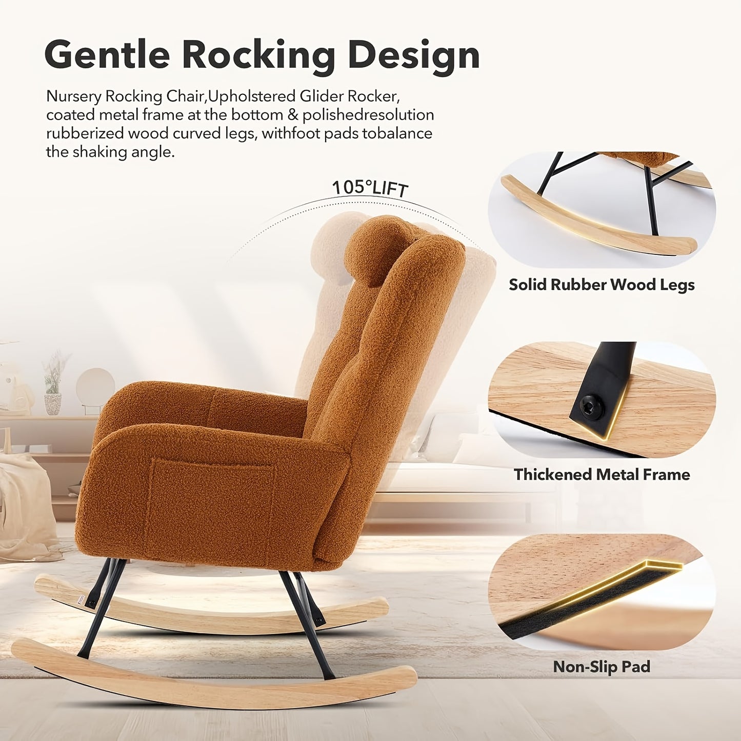 Schommelstoel Babykamer – Glider Stoel – Wiegstoel – Ruststoel – Rocker Chair – Met Zwaar Metalen Frame – Verstevigd Teddy Bruin Bekleed – 110° Schommelhoek – Hoge Rugleuning Met Armleuningen