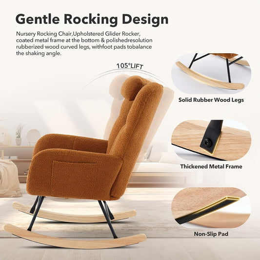 Schommelstoel Babykamer – Glider Stoel – Wiegstoel – Ruststoel – Rocker Chair – Met Zwaar Metalen Frame – Verstevigd Teddy Bruin Bekleed – 110° Schommelhoek – Hoge Rugleuning Met Armleuningen