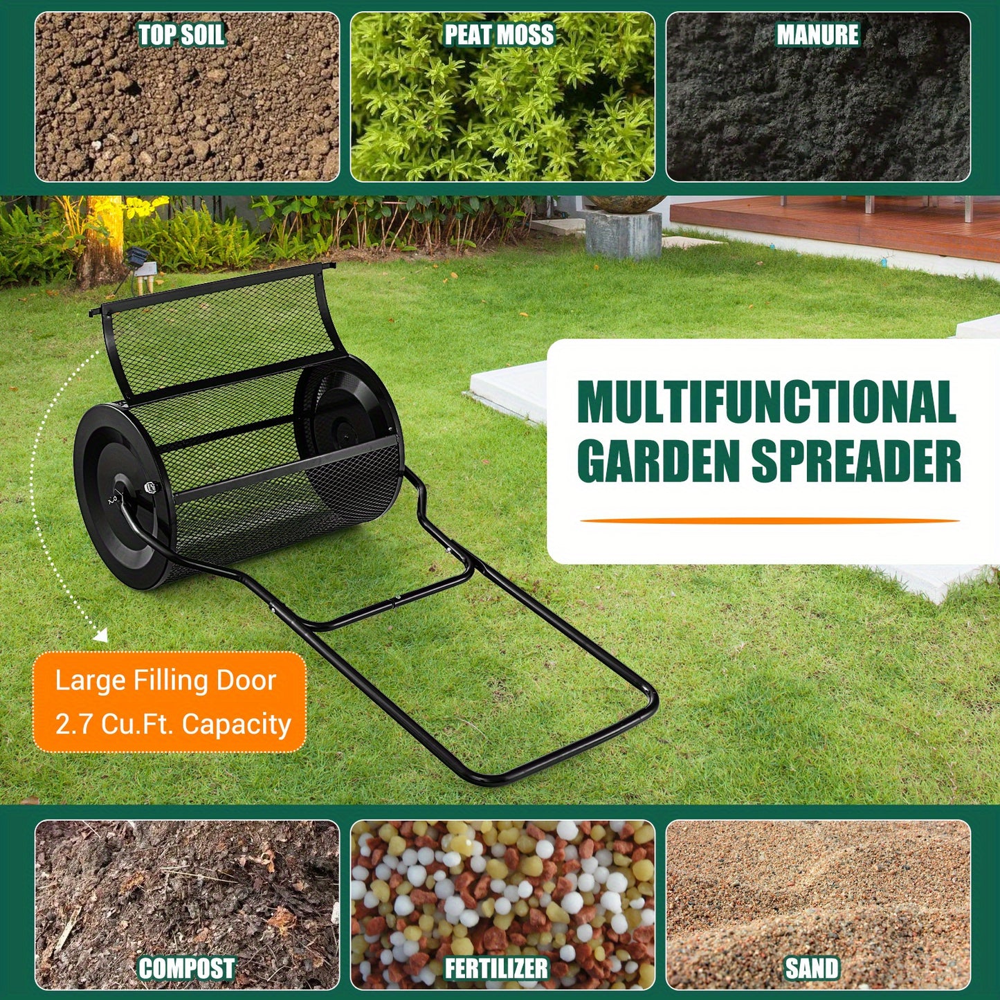 Compoststrooier – Meststrooier – Zandstrooier – Zaadstrooier – Tuinstrooiwagen – 76 Liter Inhoud – Ergonomisch U-Handvat – Metalen Rol