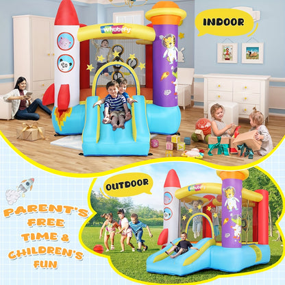 Springkasteel – Bouncy Castle – Opblaasbaar Speelhuis – Springkussen – Jumping Castle – Tropisch Jungle Design – Inclusief Elektrische Blaaspomp – Duurzaam Waterbestendig Materiaal