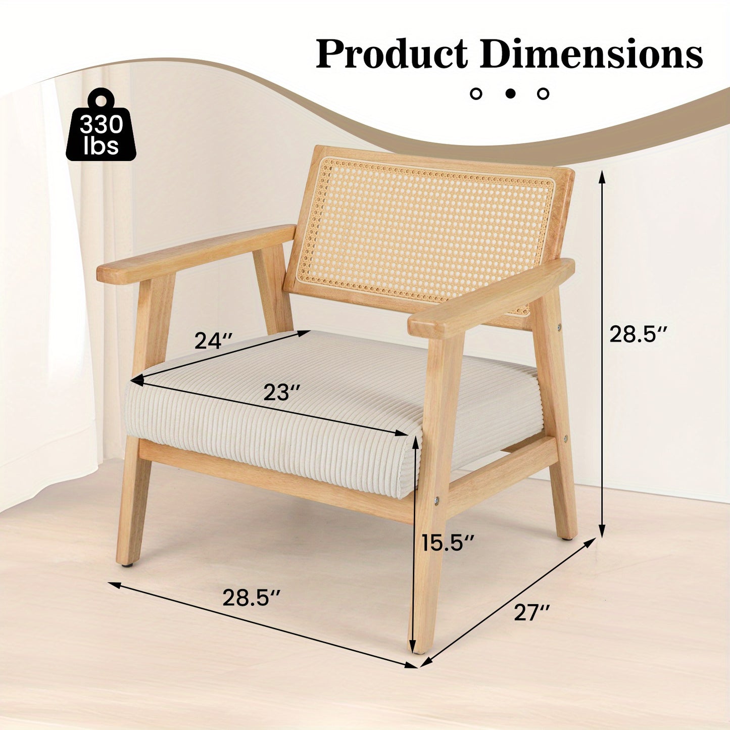 Corduroy Fauteuil – Accentstoel – Loungechair – Rustieke Leunstoel – Binnenstoel – Zacht Gestoffeerd Zitvlak – Rubberhouten Frame Met Rattan Rugleuning – Mid Century Design – Comfortabele Padded Zitting