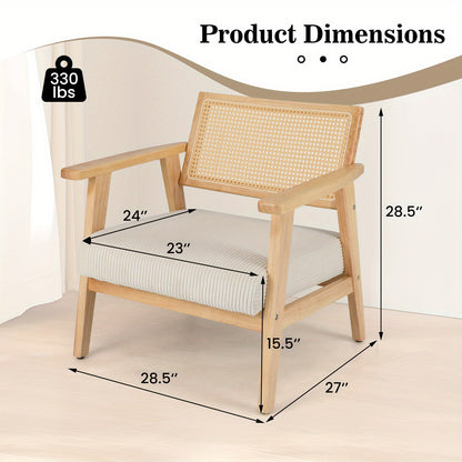 Corduroy Fauteuil – Accentstoel – Loungechair – Rustieke Leunstoel – Binnenstoel – Zacht Gestoffeerd Zitvlak – Rubberhouten Frame Met Rattan Rugleuning – Mid Century Design – Comfortabele Padded Zitting