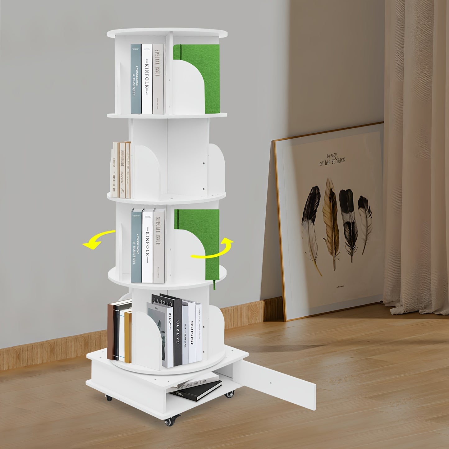 Draaibare Boekenkast – Boekenrek – Plankensysteem – Bibliotheekkast – Opberger – 4-Lagen Met 360° Zwenkwielen – Stevig Met Ruime Opbergruimte Wit