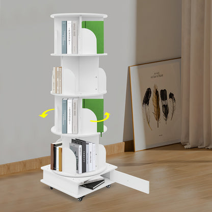Draaibare Boekenkast – Boekenrek – Plankensysteem – Bibliotheekkast – Opberger – 4-Lagen Met 360° Zwenkwielen – Stevig Met Ruime Opbergruimte Wit