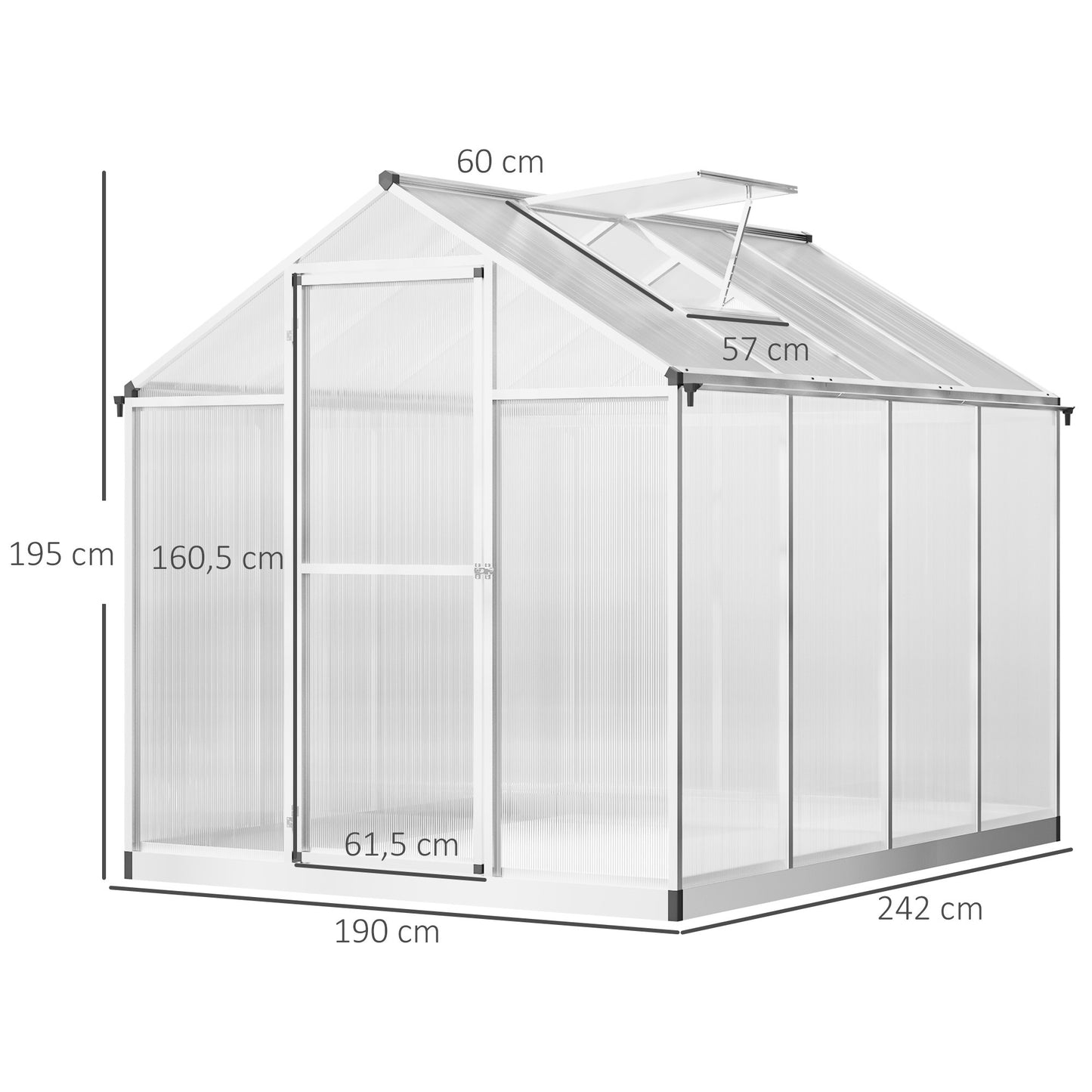 Kas – Tuinkas – Broeikas – Kweekkas – Serre – Aluminium Frame – Isolerende Polycarbonaat Panelen – 4,6 m² – Met Dakgoten en Ventilatiedeur