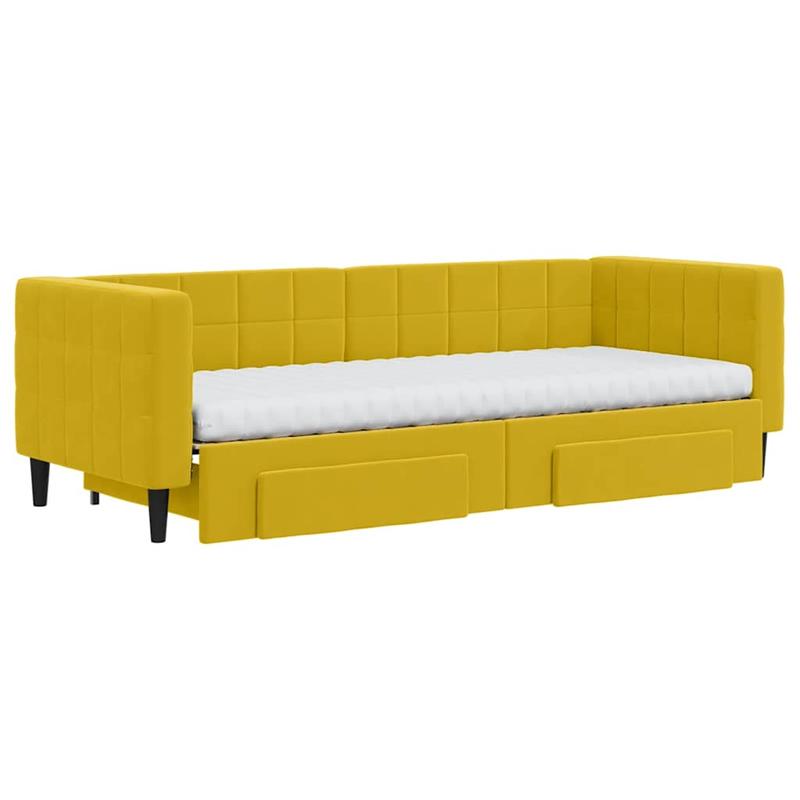 Bedbank – Slaapbank – Logeerbed – Slaapsofa – Sofa Bed – Uitschuifbaar Trundle Bed – Luxe Gele Velvet Bekleding – Stevige Hardhouten Constructie 80x200 cm
