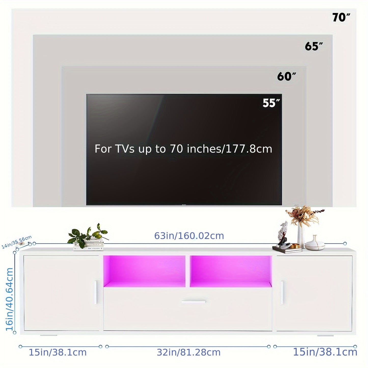 63-Inch TV Cabinet with Tempered Glass Shelf And Multi-Color Lighting, Fits Up to 70-Inch TVs