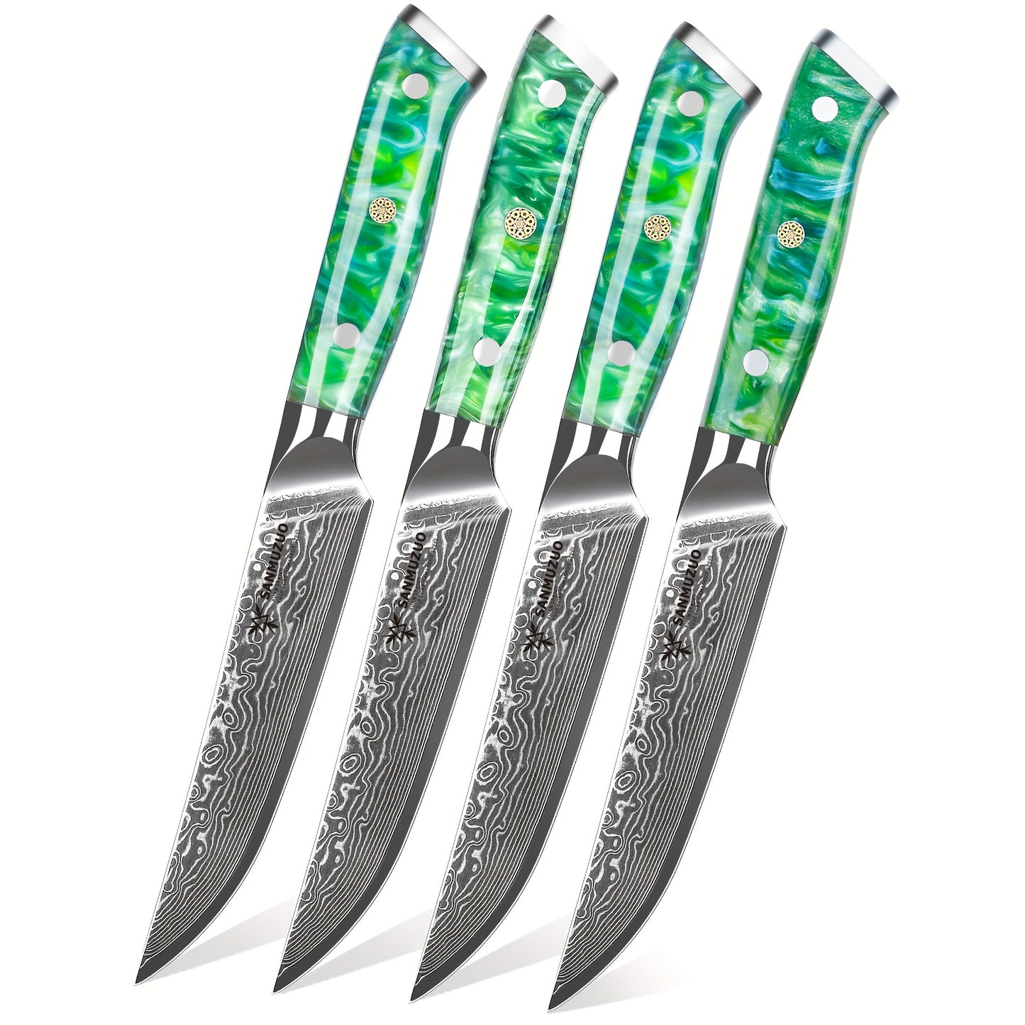 Steakmessen – Vleesmessen – Keukenmessen – Messenset – Vleesmes – Damaststaal – Kunstjade Handvat Groen – 12,7 cm Lemmet – Ultra Scherp Zonder Kartels