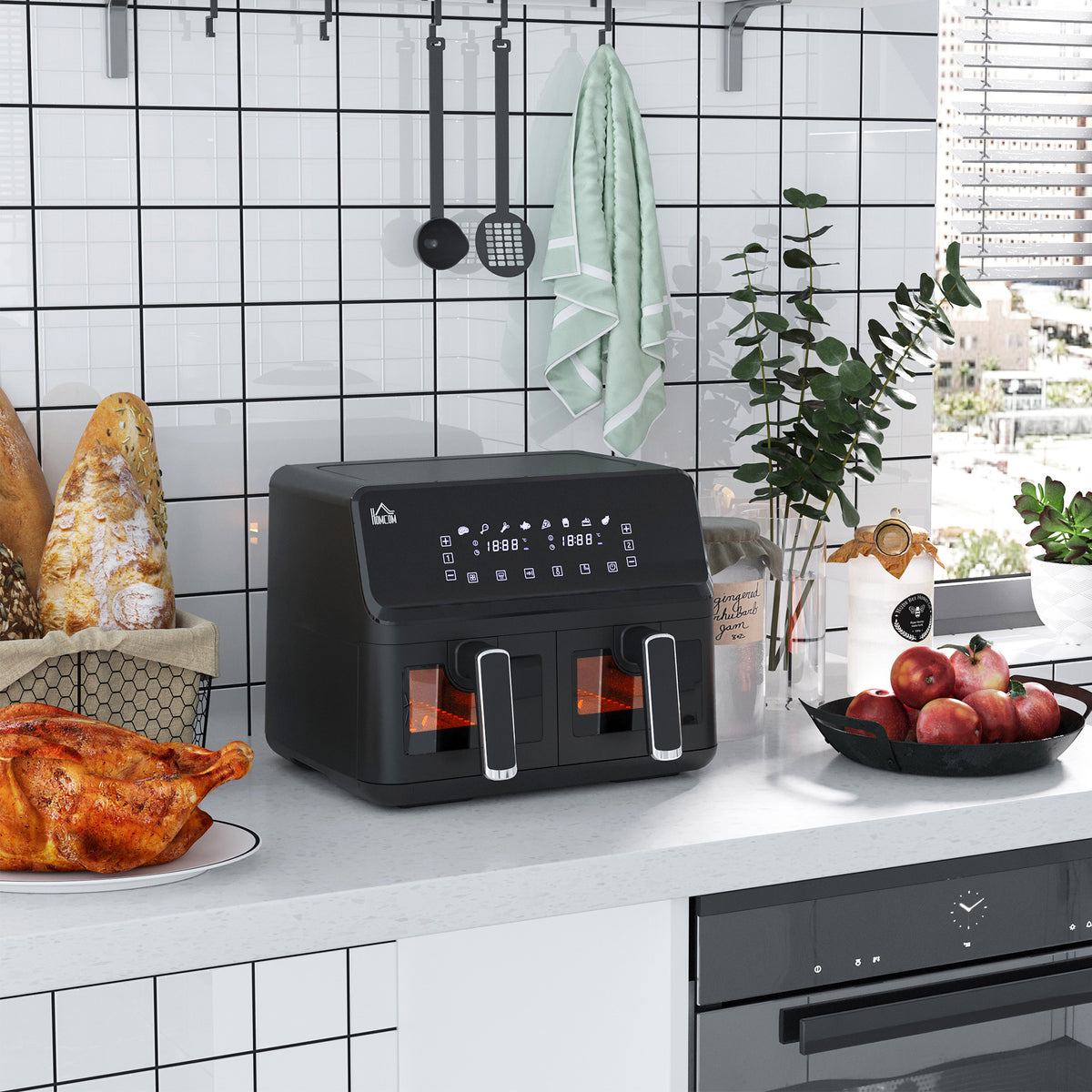 Heteluchtfriteuse – Airfryer – Friteuse – Luchtfriteuse – Dubbele Mand – 2x4L Manden – 8 Programma’s – Timer en Licht – Zwart – Compact formaat