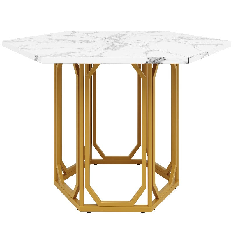 Hexagon Marble Table - White & Grey Veining Marble Top with Golden Metal Legs, Modern Retro Hexagonal Dining Desk, No Assembly Required, Marble Countertop Kitchen/Breakfast Table for Small Spaces, Durable Non-Wood Furniture