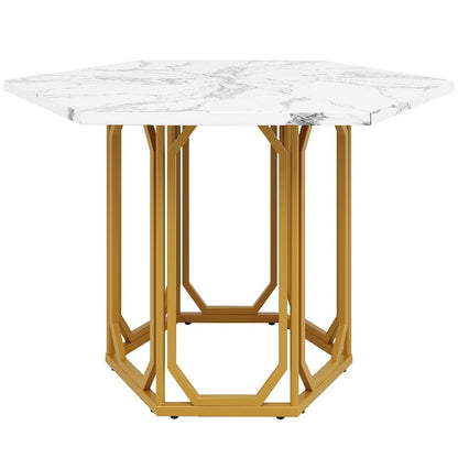 Hexagon Marble Table - White & Grey Veining Marble Top with Golden Metal Legs, Modern Retro Hexagonal Dining Desk, No Assembly Required, Marble Countertop Kitchen/Breakfast Table for Small Spaces, Durable Non-Wood Furniture