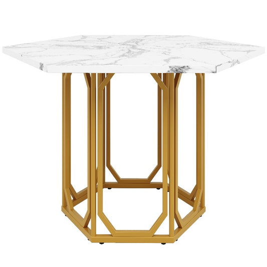 Hexagon Marble Table - White & Grey Veining Marble Top with Golden Metal Legs, Modern Retro Hexagonal Dining Desk, No Assembly Required, Marble Countertop Kitchen/Breakfast Table for Small Spaces, Durable Non-Wood Furniture