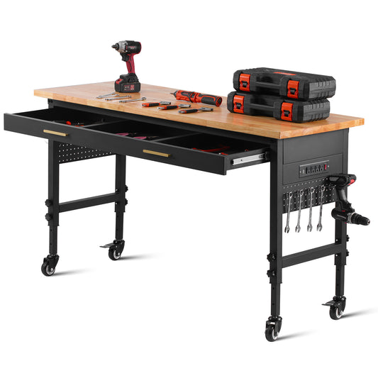 Werkbank – Werktafel – Werkbank Op Wielen – Werkplekken – Klusbank – Verstelbare Hoogte 78-106 cm – Ingebouwd Stopcontact & Lade