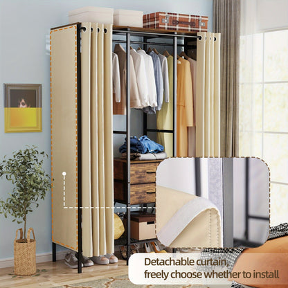 Heavy Duty Kledingrek – Kledingstandaard – Garderoberek – Kledingwagen – Kast Organizer – Met Stofbestendige Gordijn En Laden – Industrieel Design 149,5x50x214 cm