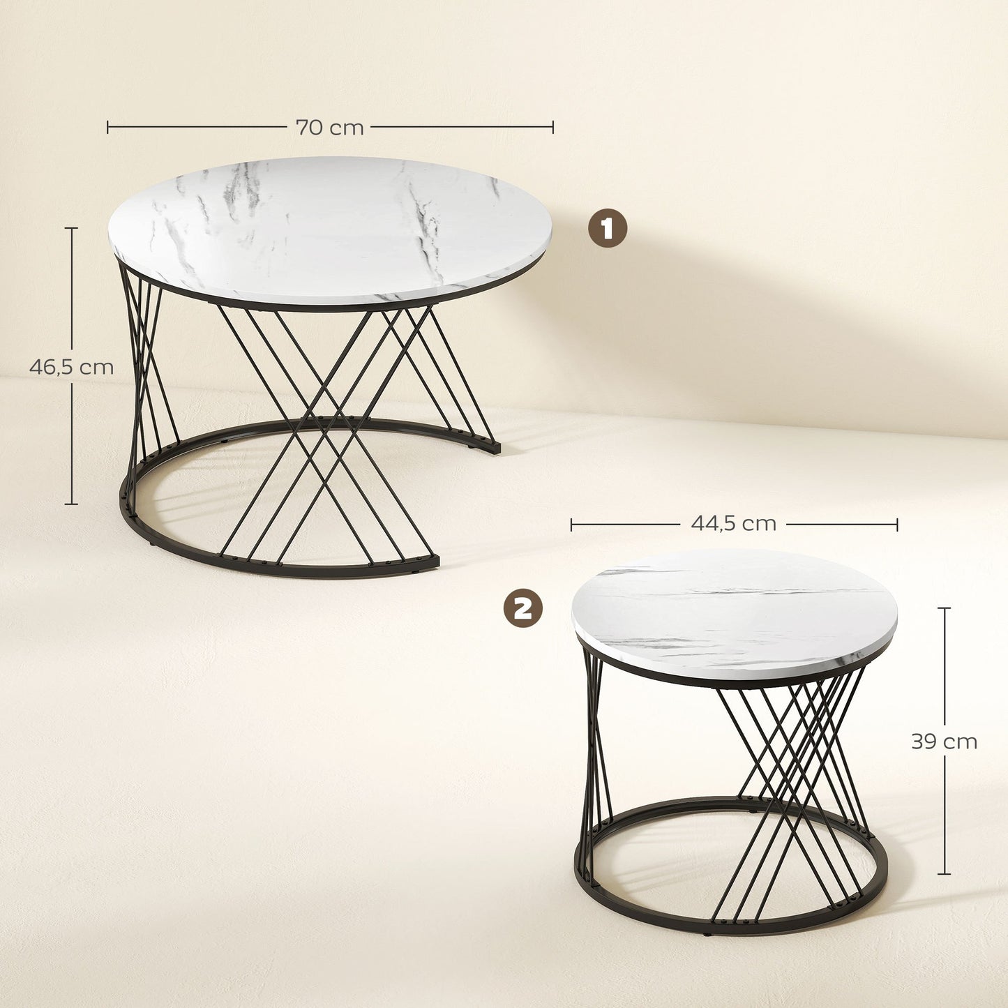 Salontafel – Koffietafel – Bijzettafel – Ronde Tafel – Nestbare Tafel – Marmerlook – Metaal & Spaanplaat – Set van 2 – Ø70 & Ø44,5 cm