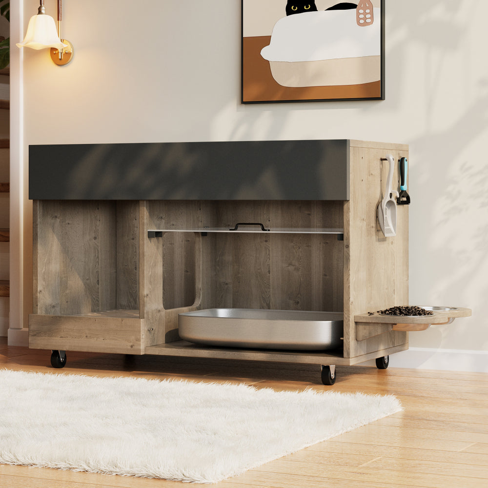 Dressoir Voor Katten – Opbergmeubel – Kast – Kattenvoerhouder – Kattenbakmeubel – Natuurlijk Kleur – Ruimtebesparend – Geperforeerde Zijpanelen