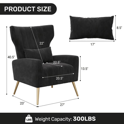Relaxstoel – Fauteuil – Loungechair – Tv-stoel – Wing Chair – Zwart Velvet – Gouden Metalen Poten – Ergonomisch Comfort – Draaggewicht 130 Kg