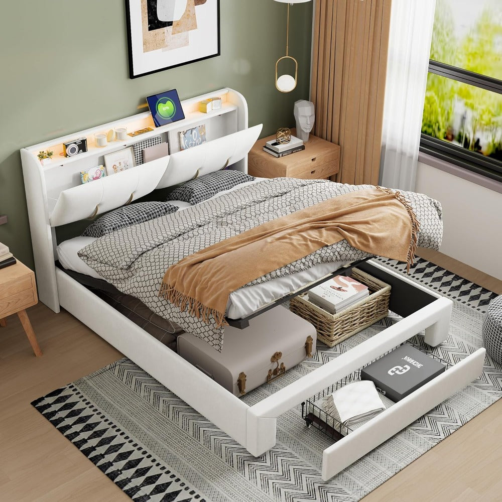 Tweepersoonsbed – Opbergbed – Ladebed – Gestoffeerd Bed – Slaapbank – 160x200 cm – Hydraulische Opbergruimte – Verstelbaar LED-Hoofdbord Met USB
